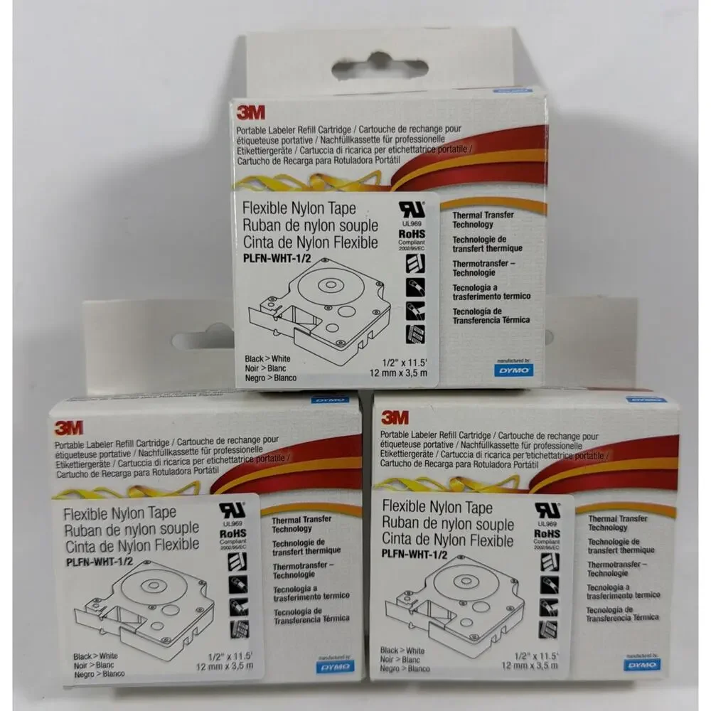 Lot of 3 3M 1/2” Flexible Nylon Tape Labeler Refill Cartridge PLFN-WHT-1/2